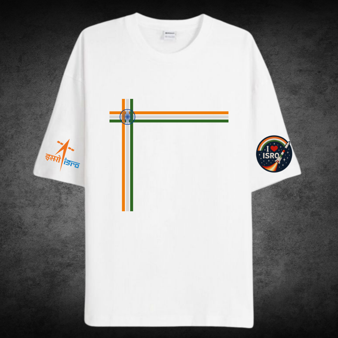 Oversized white cotton t-shirt with I LOVE ISRO graphic β ESROVERSE, free shipping included