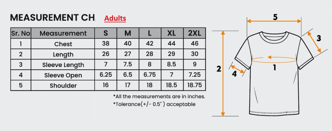 Measurement chart for t-shirts with size chart and diagram