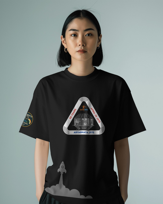 ISRO BLACK Oversized ARYABHATA SATELITE T-shirt by ESROVERSE – includes free shipping