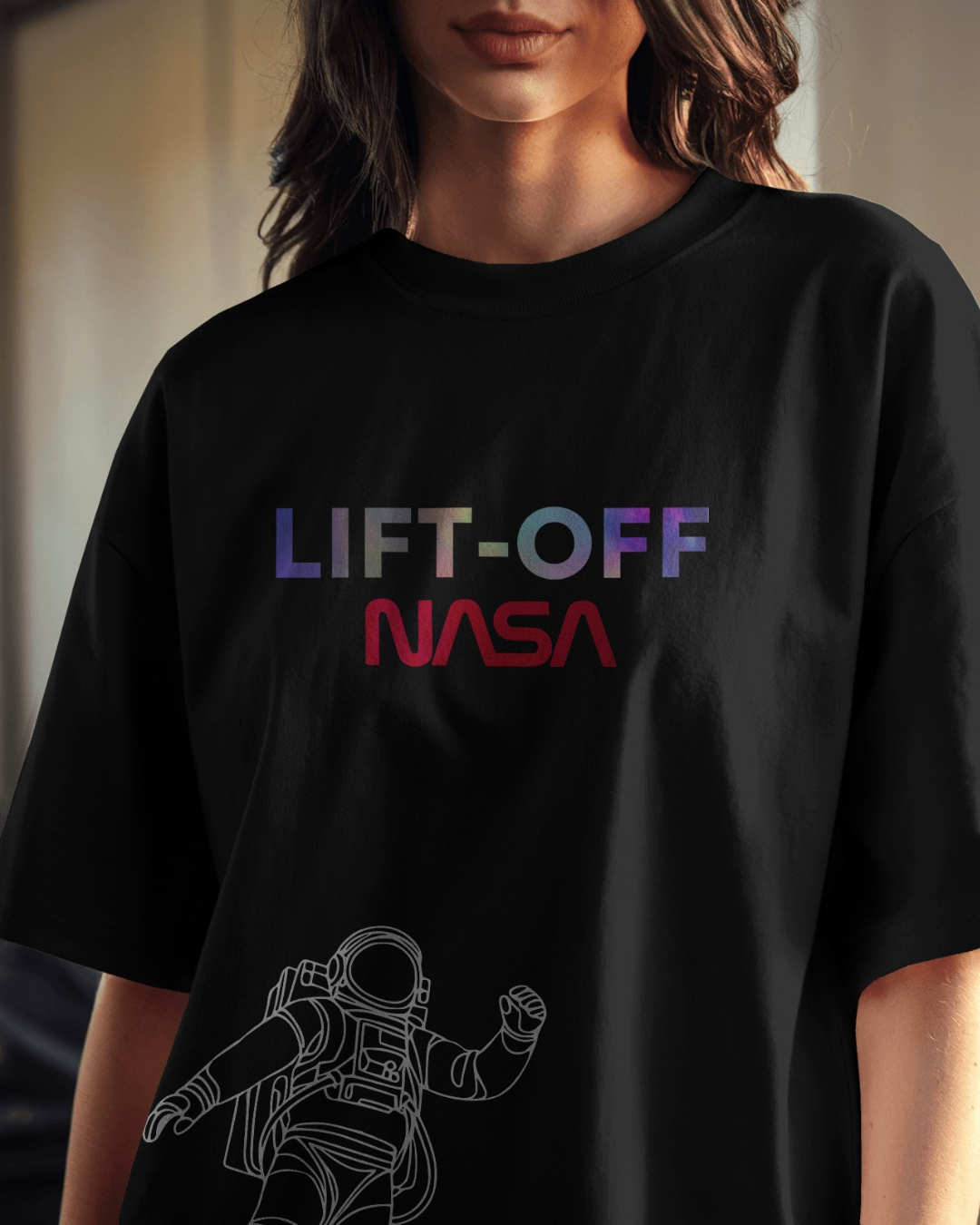 Black color oversized NASA astronaut t-shirt by ESROVERSE β includes free shipping - NASA Black color Oversized T-shirt