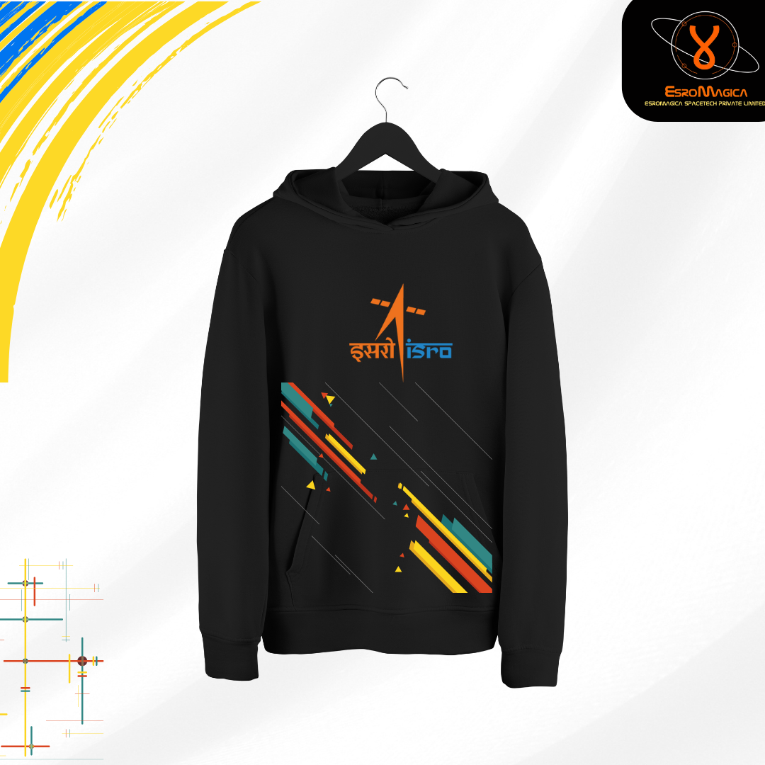 black cotton hoddie , sweatshirt with ISRO graphic β ESROVERSE, free shipping included