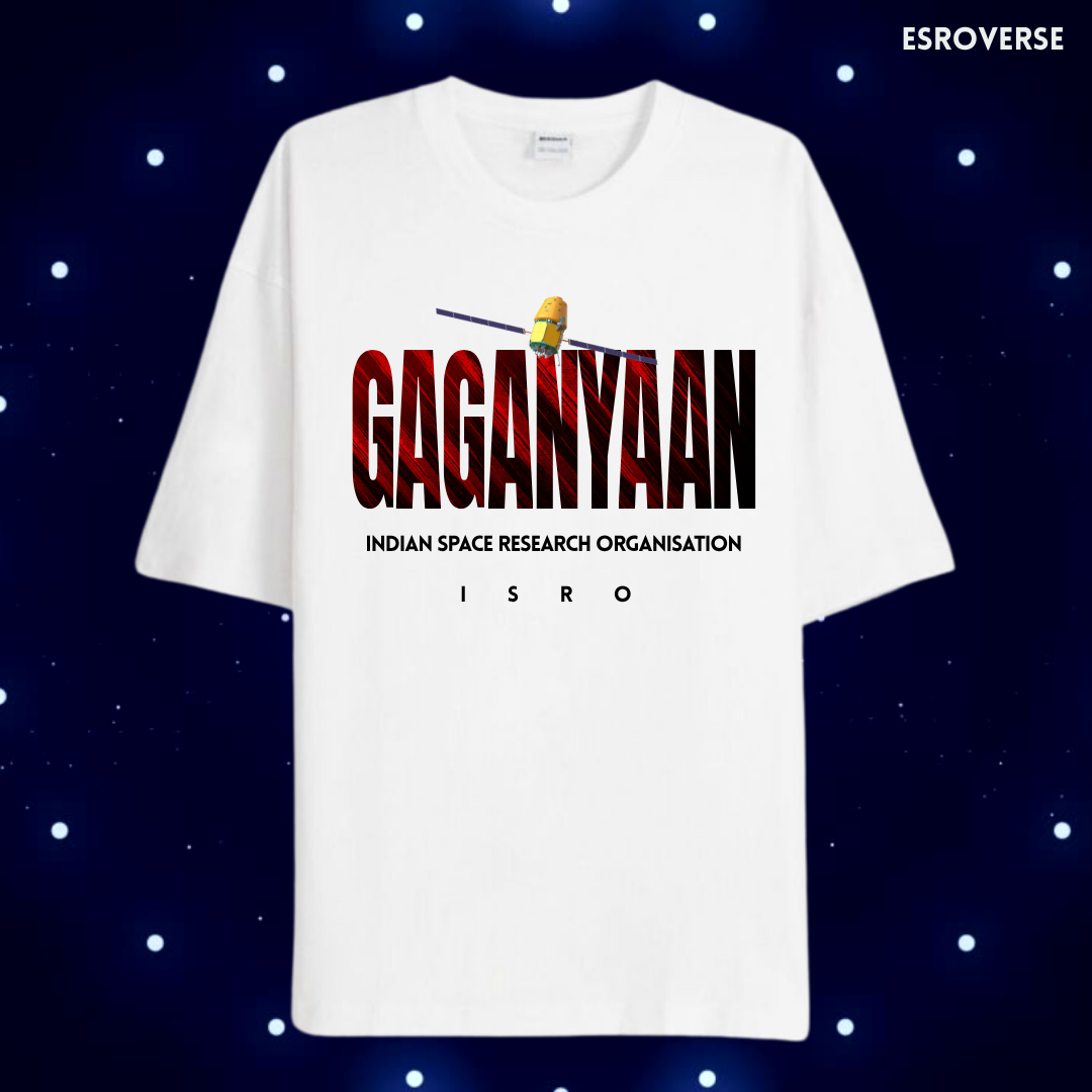 Oversized white cotton t-shirt with ISRO gaganyaan graphic – ESROVERSE, free shipping included