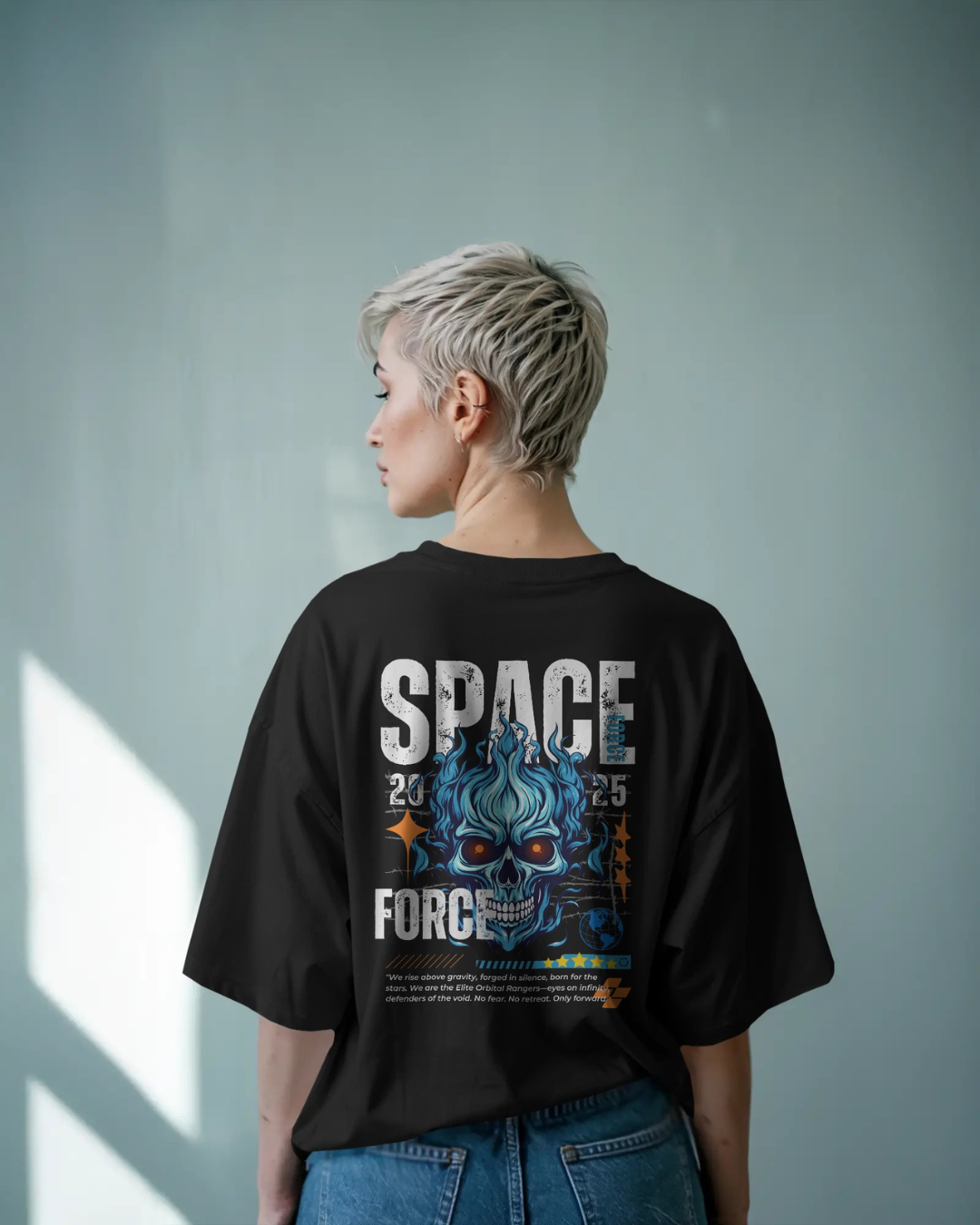 Black color skull space oversized astronaut t-shirt by ESROVERSE – includes free shipping - Style - French Terry cotton T-shirt