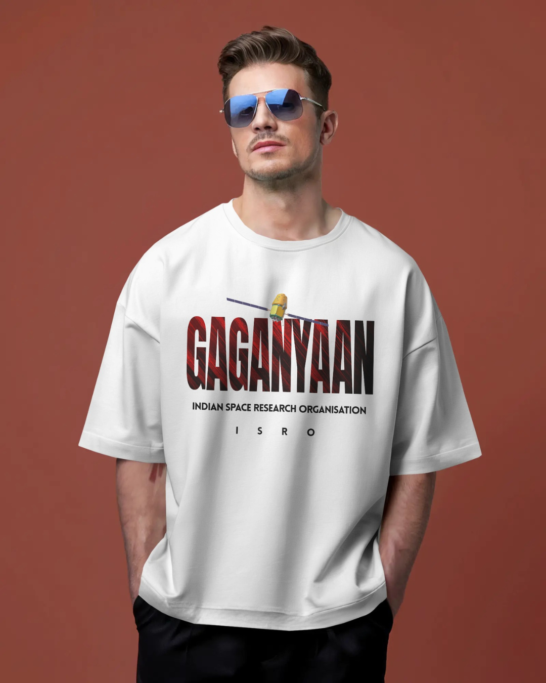 White oversized ISRO GAGANYAN t-shirt by ESROVERSE – includes free shipping