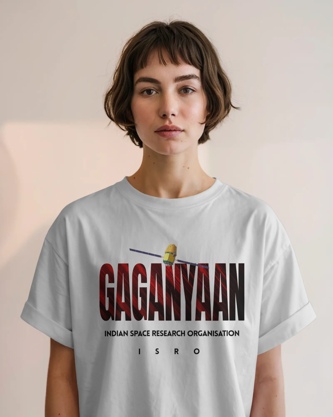 White oversized ISRO GAGANYAN t-shirt by ESROVERSE – includes free shipping