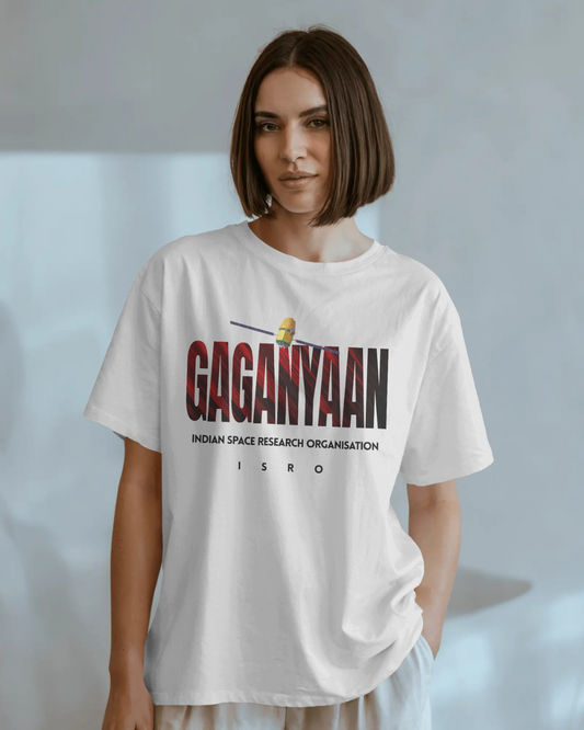 White oversized ISRO GAGANYAN t-shirt by ESROVERSE – includes free shipping