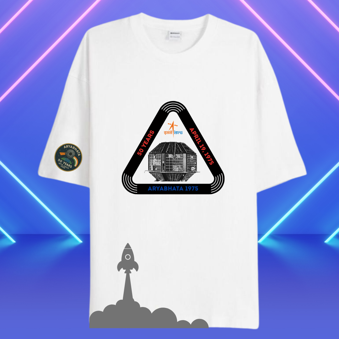 WHITE Oversized ISRO ARYABHATA SATELITE T-shirt by ESROVERSE – includes free shipping