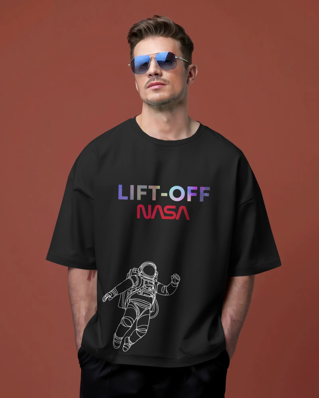 Black color oversized NASA astronaut t-shirt by ESROVERSE β includes free shipping, NASA T-shirt