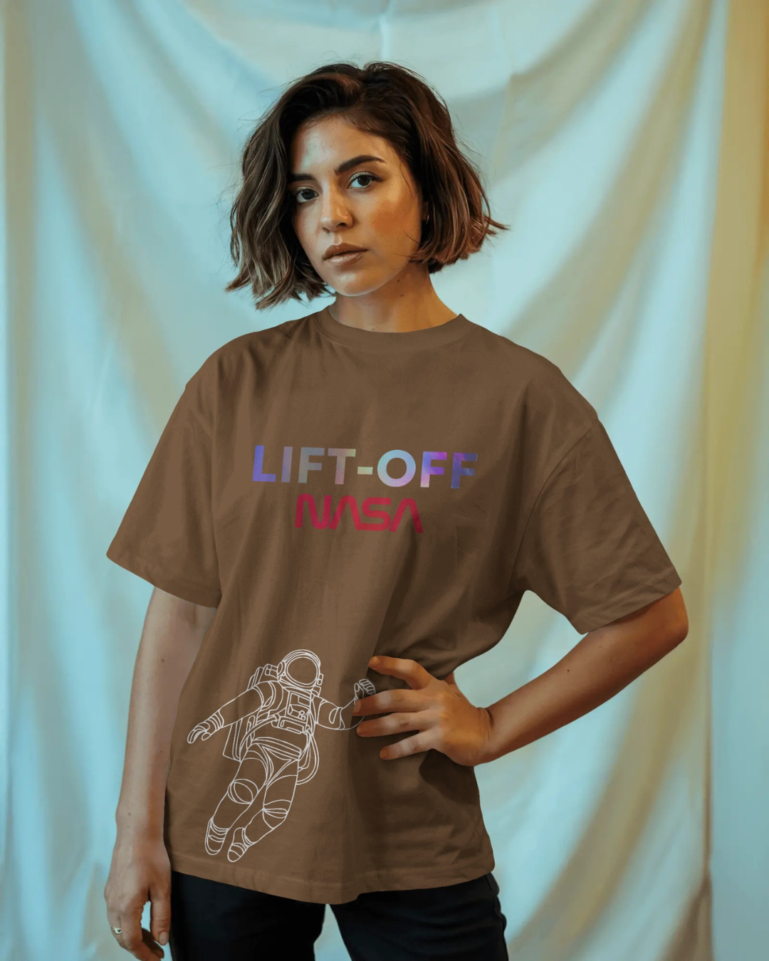 Coffee color oversized NASA astronaut t-shirt by ESROVERSE β includes free shipping - NASA Coffee color Oversized T-shirt