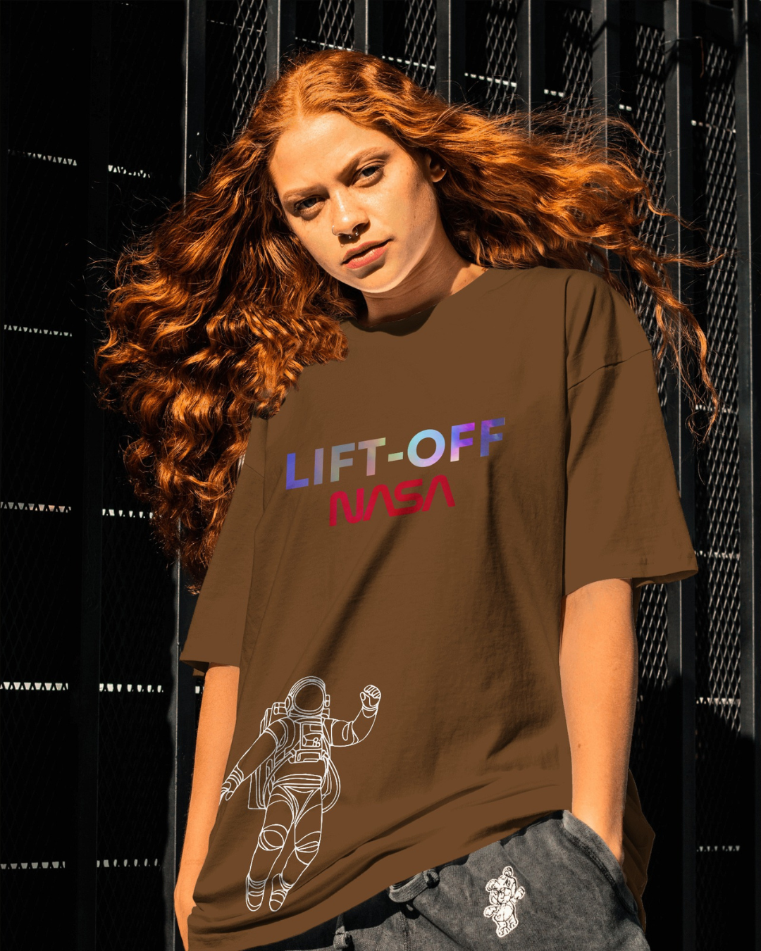 Coffee color oversized NASA astronaut t-shirt by ESROVERSE β includes free shipping - NASA Coffee color Oversized T-shirt