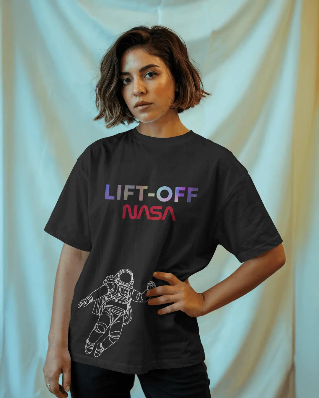 Black color oversized NASA astronaut t-shirt by ESROVERSE β includes free shipping - NASA Black color Oversized T-shirt