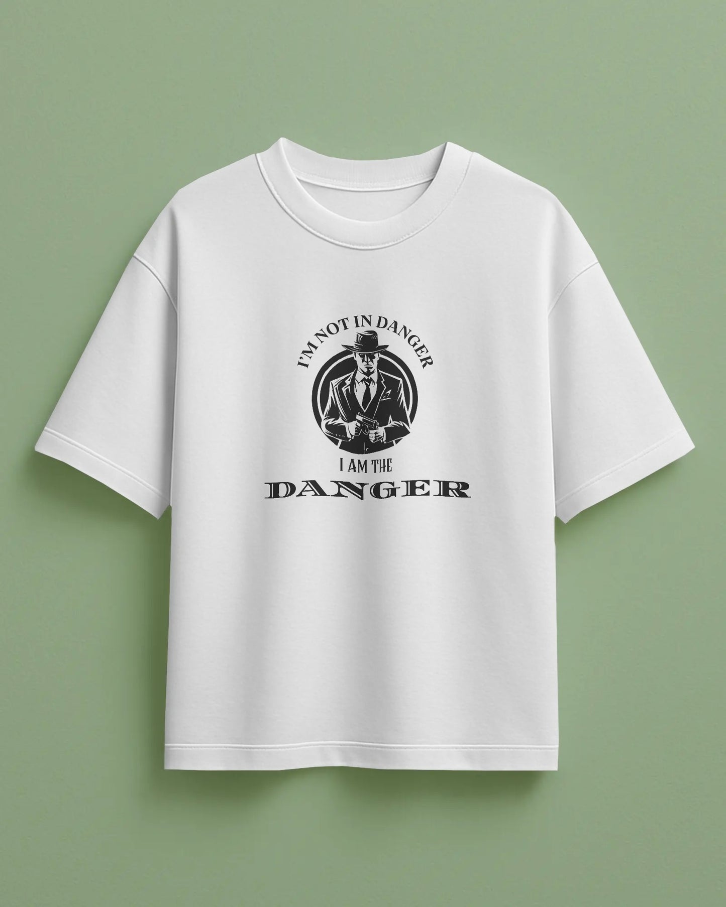 White Oversized t-shirt with graphic design and text on a green background