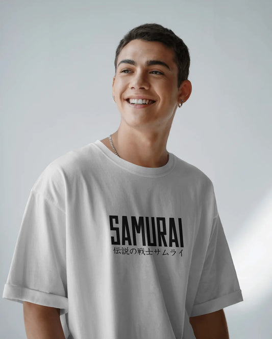 Person wearing a white t-shirt with 'SAMURAI' text on a plain background