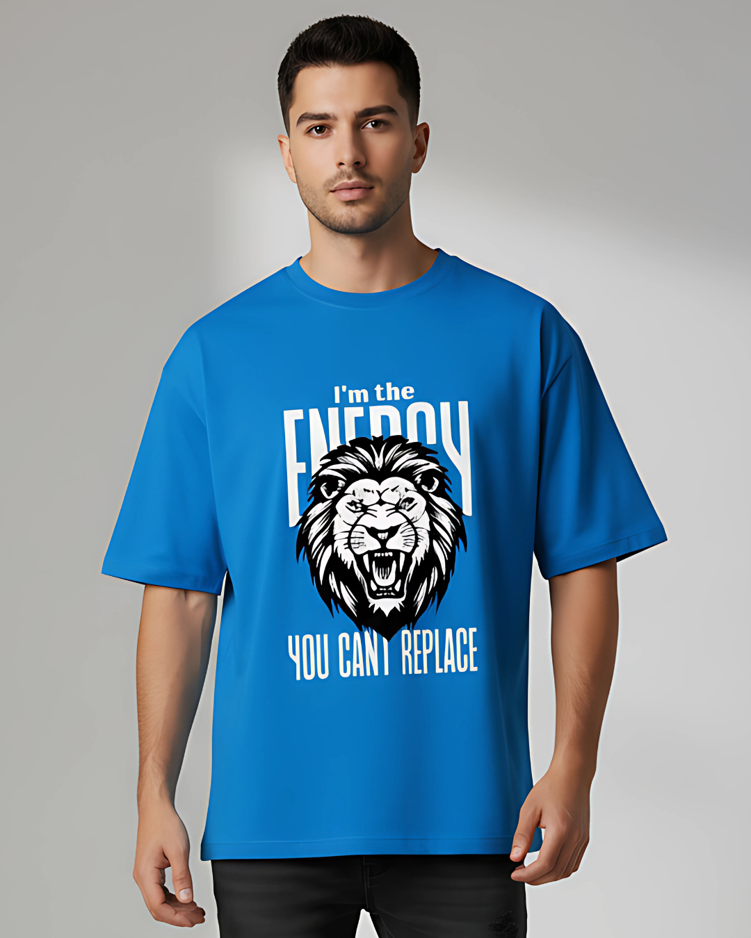 Man wearing a blue t-shirt with a lion graphic and text on a gray background

oversized tshirt esroverse