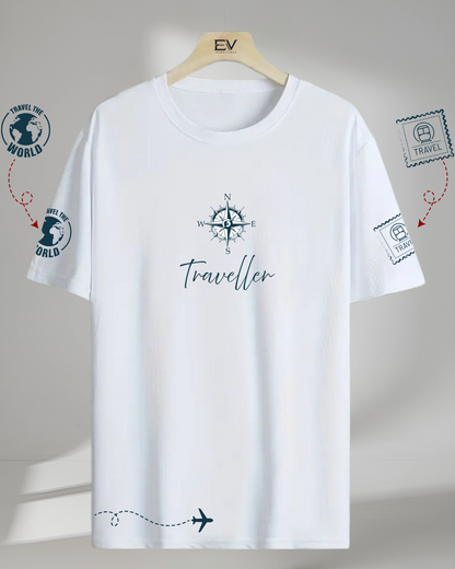 ESROVERSE
White oversized travel-themed T-shirt featuring navy blue compass design, airplane trail, and travel stamp graphics on sleeves — unisex casual wear
ESROVERSE | OVERSIZED T-SHIRT | TRAVELLER | Teen | Free Shipping | Free Delivery  
