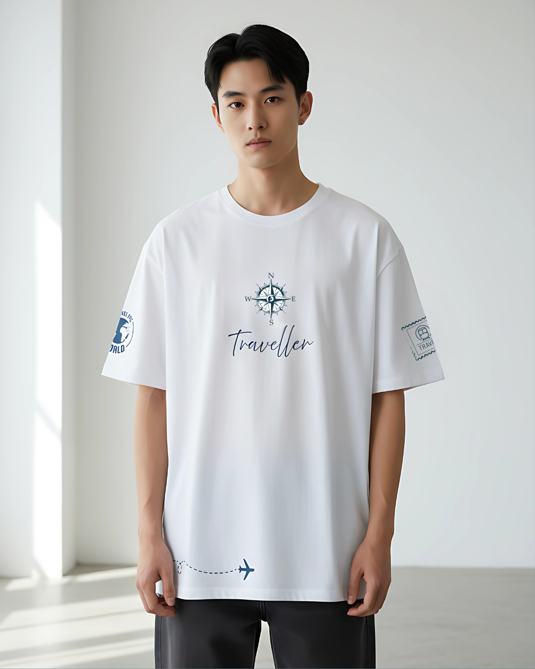 ESROVERSE
White oversized travel-themed T-shirt featuring navy blue compass design, airplane trail, and travel stamp graphics on sleeves — unisex casual wear
ESROVERSE | OVERSIZED T-SHIRT | TRAVELLER | Teen | Free Shipping | Free Delivery  
