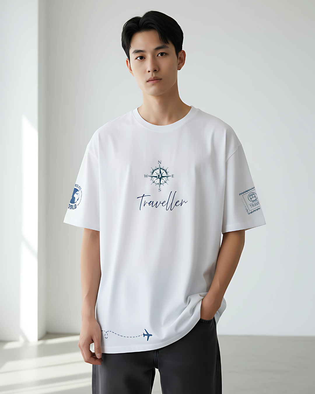 ESROVERSE
White oversized travel-themed T-shirt 
ESROVERSE | OVERSIZED T-SHIRT | TRAVELLER | Teen | Free Shipping | Free Delivery  
