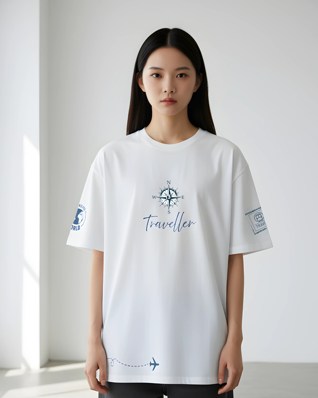 Explore the world in style with this white oversized Traveller T-shirt. Featuring a minimalist compass, airplane trail, and travel stamp details — perfect for wanderers and adventure lovers. Shop now at ESROVERSE.