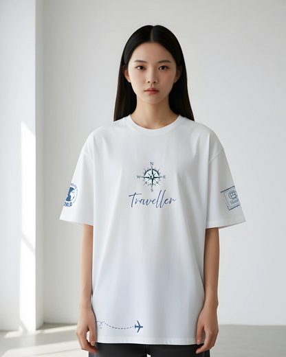 Explore the world in style with this white oversized Traveller T-shirt. Featuring a minimalist compass, airplane trail, and travel stamp details — perfect for wanderers and adventure lovers. Shop now at ESROVERSE.