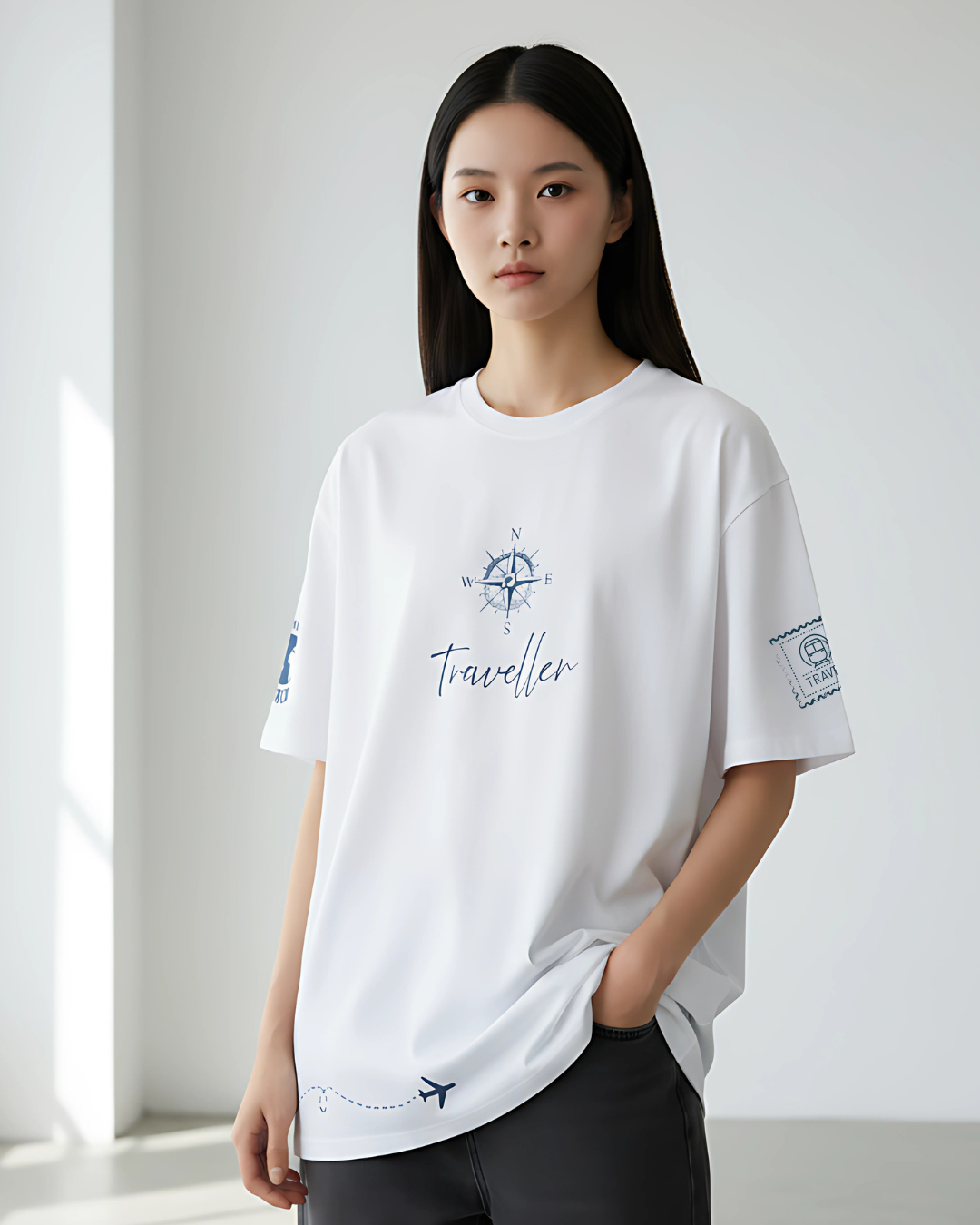 Woman wearing a white t-shirt with graphics and text in a minimalistic setting
ESROVERSE
White oversized travel-themed T-shirt — unisex casual wear
ESROVERSE | OVERSIZED T-SHIRT | TRAVELLER | Teen | Free Shipping | Free Delivery  
