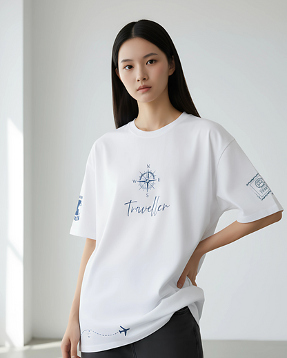 ESROVERSE
White oversized travel-themed T-shirt — unisex casual wear
ESROVERSE | OVERSIZED T-SHIRT | TRAVELLER | Teen | Free Shipping | Free Delivery  
