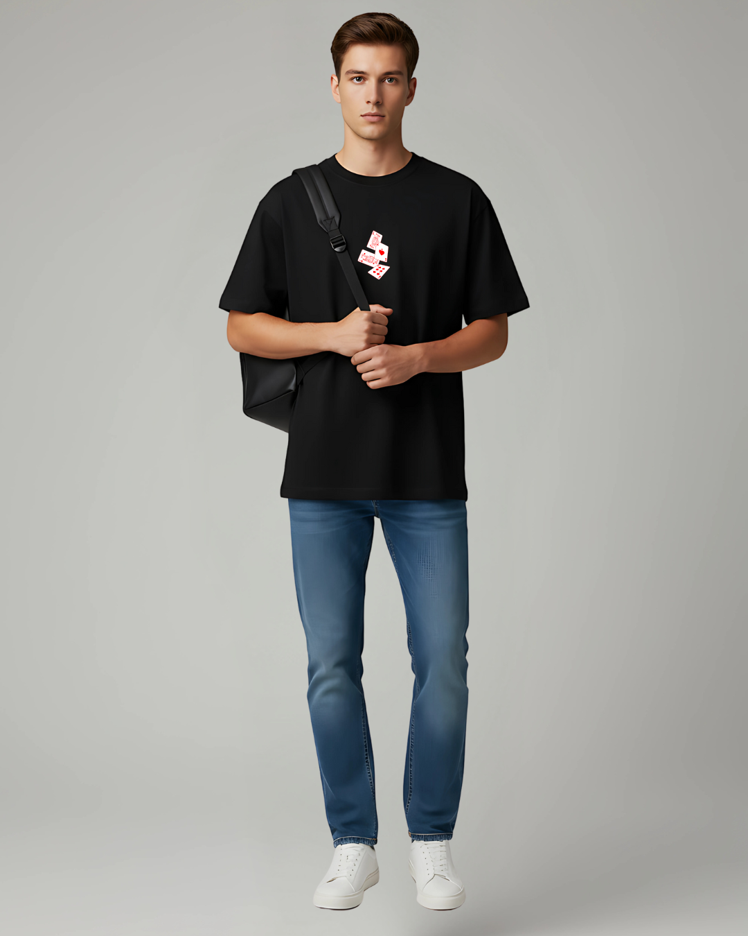 Trendy oversized graphic t-shirt for men in black. Relaxed fit streetwear tee with playing card design. Ideal for everyday outfits.

OVERSIZED | ESROVERSE | UNISEX | FREE SHIPPING | CASUAL T-SHIRT | OVERSIZED TSHIRT | UNISEX