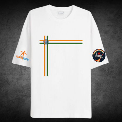 Oversized white cotton t-shirt with I LOVE ISRO graphic – ESROVERSE, free shipping included