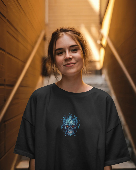 Black color skull space oversized astronaut t-shirt by ESROVERSE – includes free shipping - Style - French Terry cotton T-shirt