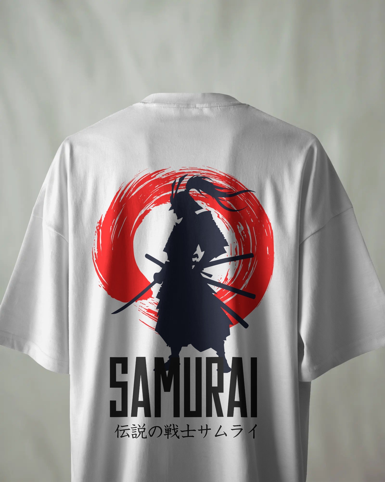 "Samurai t-shirt", "oversized streetwear", "Japanese warrior t-shirt", "anime samurai tee", "graphic unisex shirt"
"Back view of Samurai oversized t-shirt with red sun and ninja graphic design"