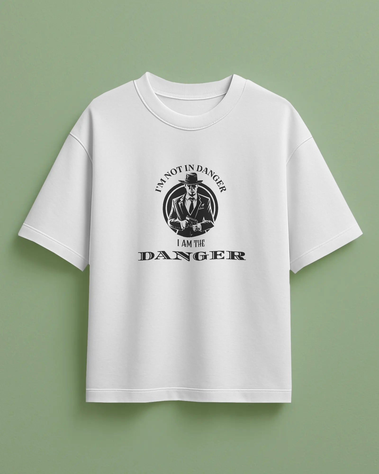 White Oversized t-shirt with graphic design and text on a green background