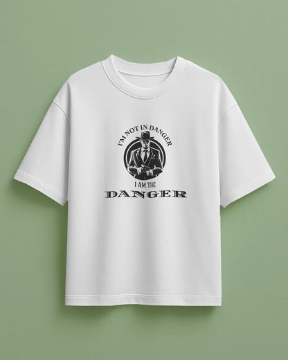 White Oversized t-shirt with graphic design and text on a green background