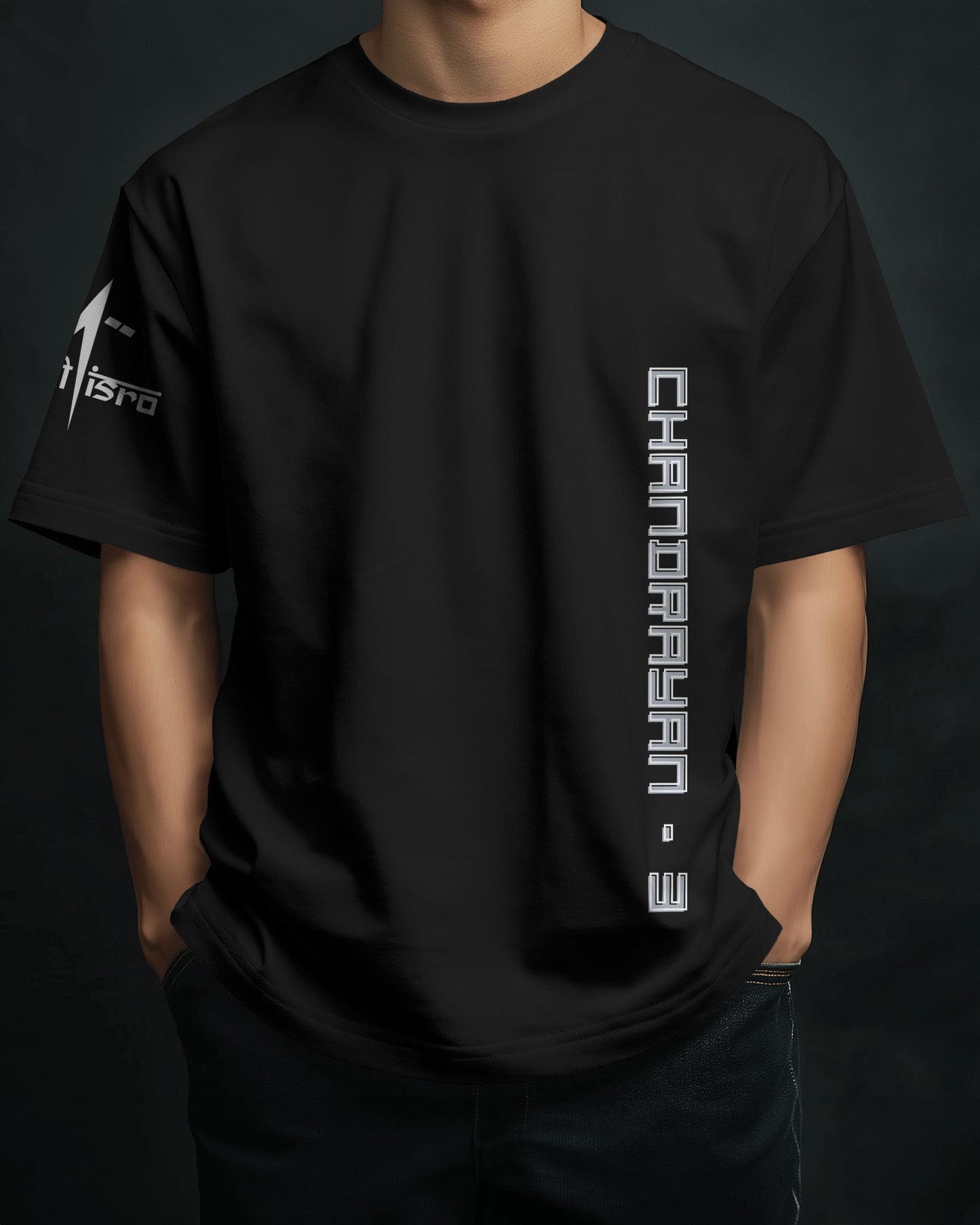 Person wearing a black t-shirt with vertical text and logo on a dark background

ISRO Chandrayaan-3 oversized t-shirt for men and women, premium cotton, ISRO mission print, casual streetwear style, special offer buy 2 for ₹999, ESROVERSE