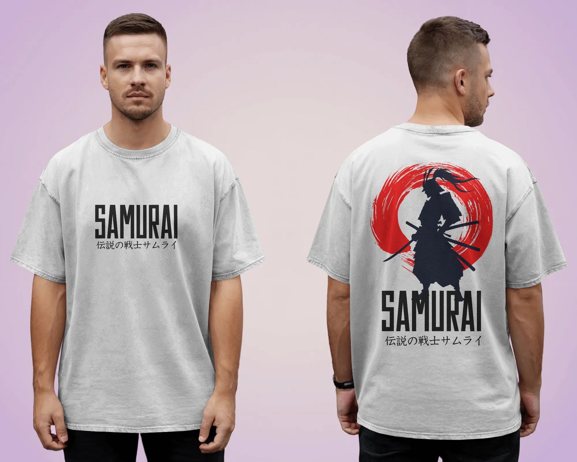 Man wearing a gray t-shirt with 'SAMURAI' text and design on a light purple background