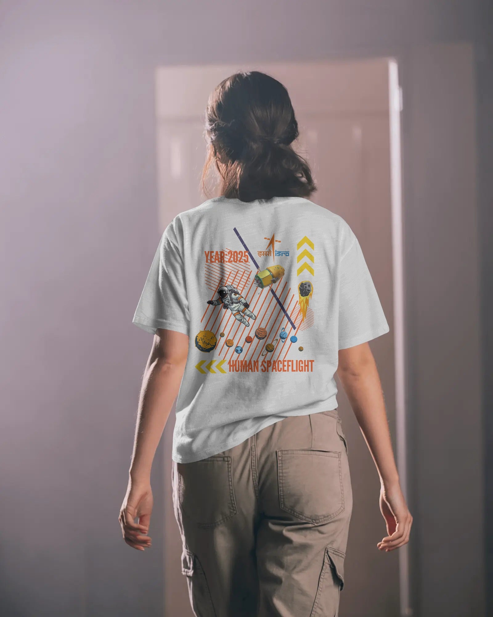 Person wearing a t-shirt with a graphic design on the back, standing against a plain background.

Premium Quality Oversized t-shirt | 100% cotton | Biowash | White Color | Black Color
 
Gaganyaan ISRO White oversized astronaut t-shirt by ESROVERSE – includes free shipping