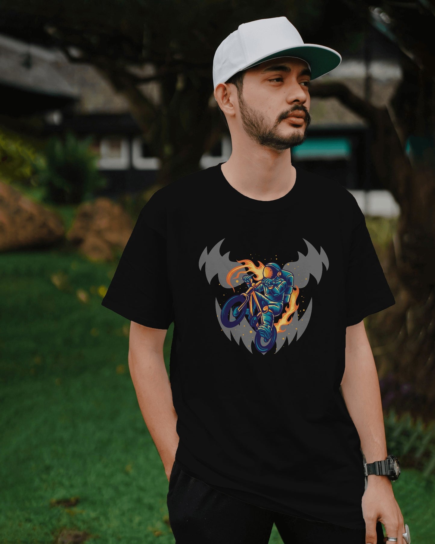 Astronaut Biker black T-Shirt Half Sleeves - ESROVERSE, free shipping included Design T-shirt (Unisex)
