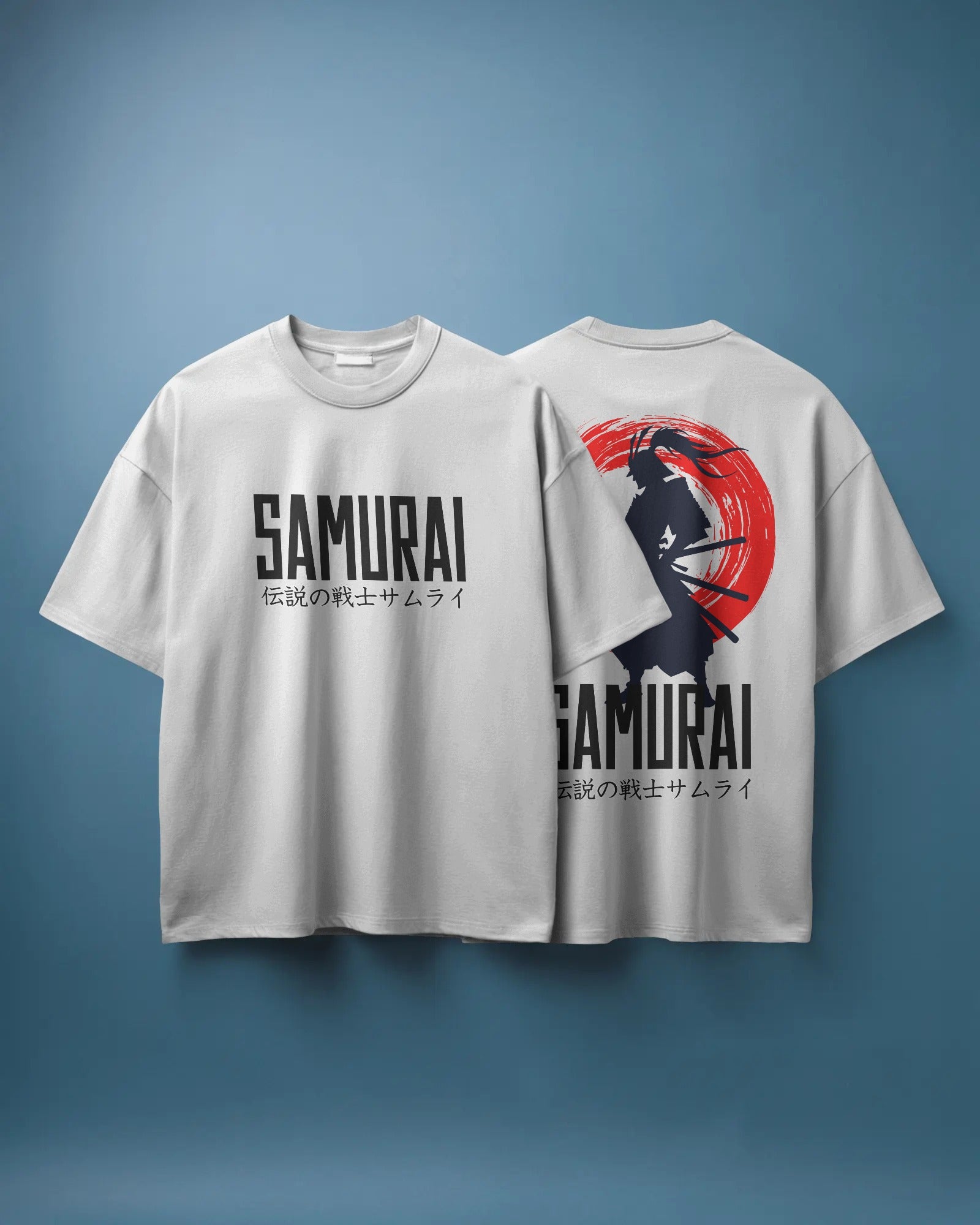 White t-shirt with 'Samurai' design on front and back against a blue background