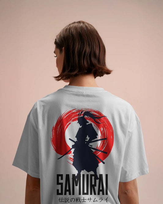 "Samurai t-shirt", "oversized streetwear", "Japanese warrior t-shirt", "anime samurai tee", "graphic unisex shirt"
"Back view of Samurai oversized t-shirt with red sun and ninja graphic design"