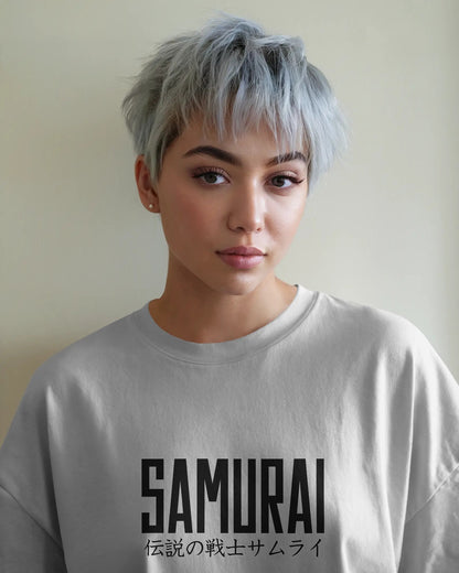 Person wearing a 'Samurai' t-shirt with a plain background
